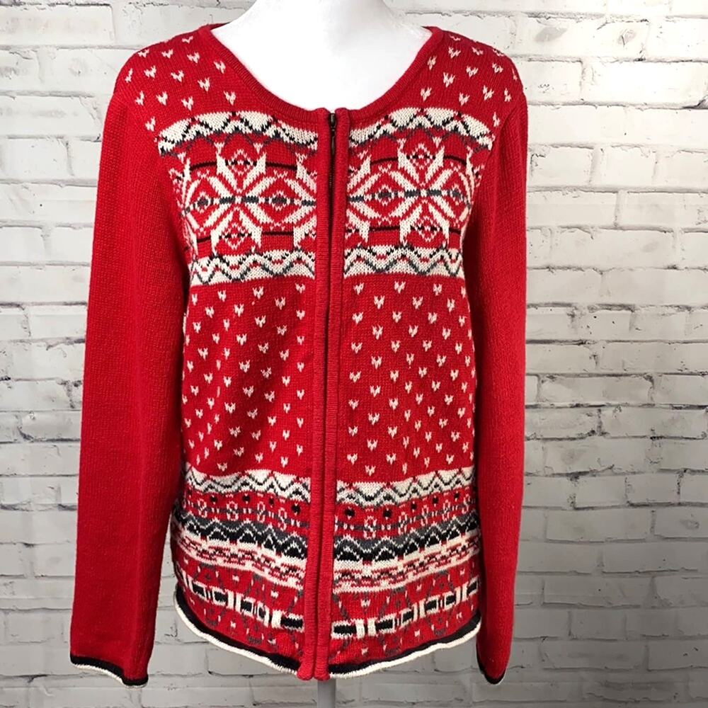 Vintage Russ Womens Size S Red Fair Isle Zip Front Holiday Cardigan Sweater